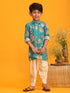 Boy's Turquoise Floral Printed Kurta With Cream Solid Pyjama Set