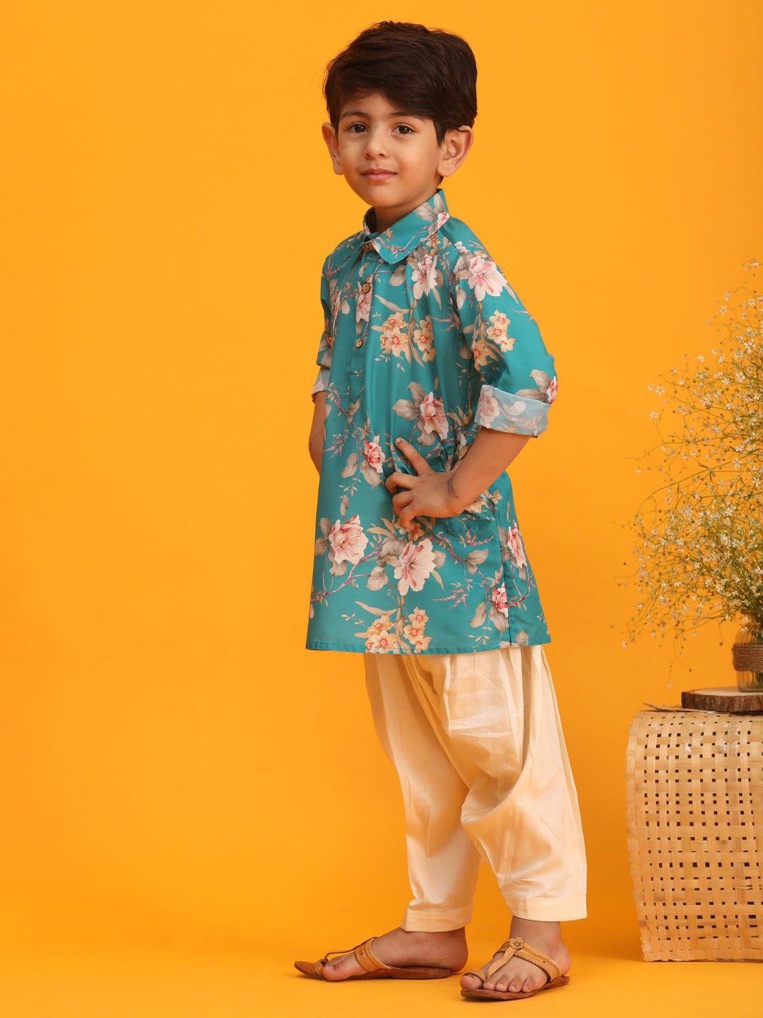 Boy's Turquoise Floral Printed Kurta With Cream Solid Pyjama Set
