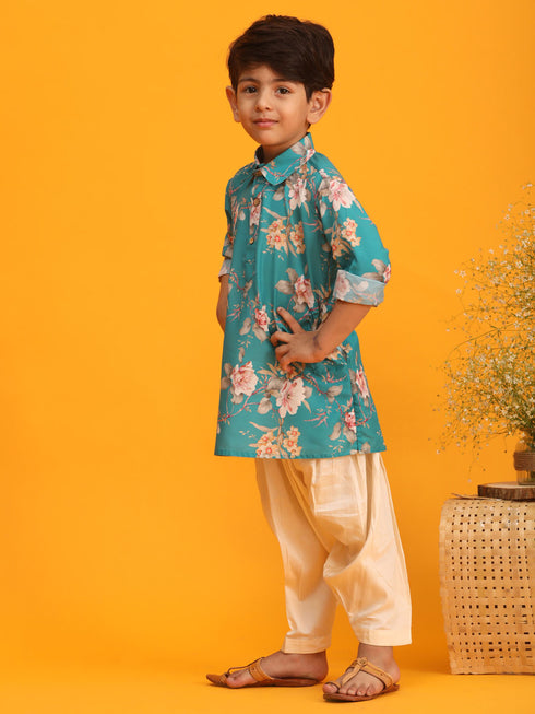 Boy's Turquoise Floral Printed Kurta With Cream Solid Pyjama Set