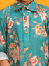 Boy's Turquoise Floral Printed Kurta With Cream Solid Pyjama Set