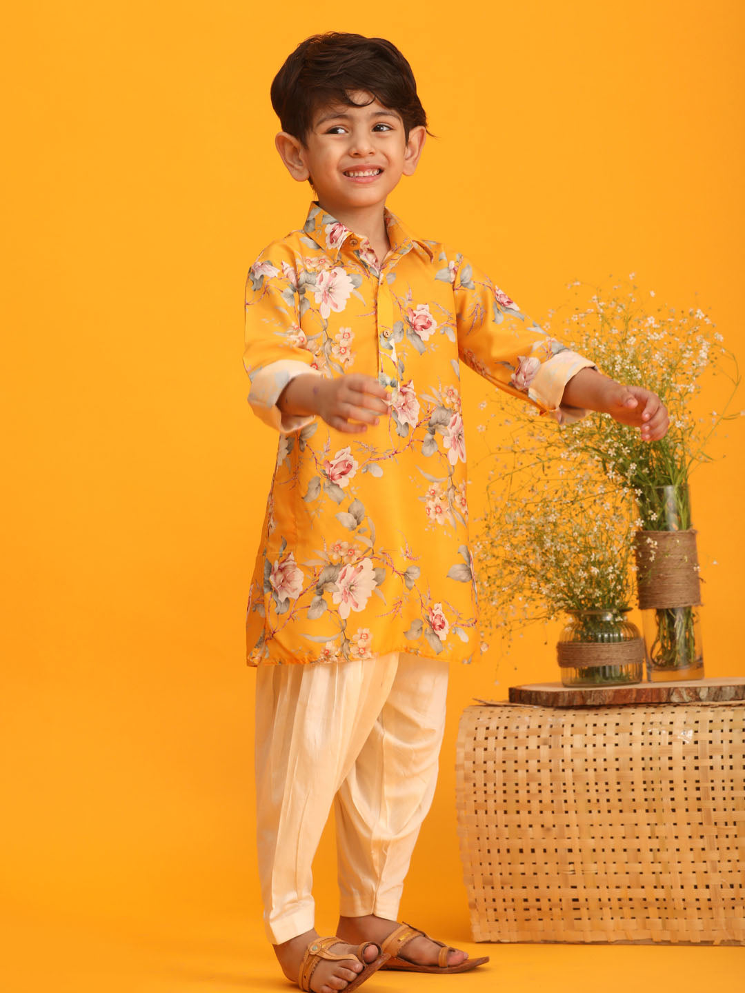 Boy's Yellow Floral Printed Kurta With Cream Solid Pyjama Set
