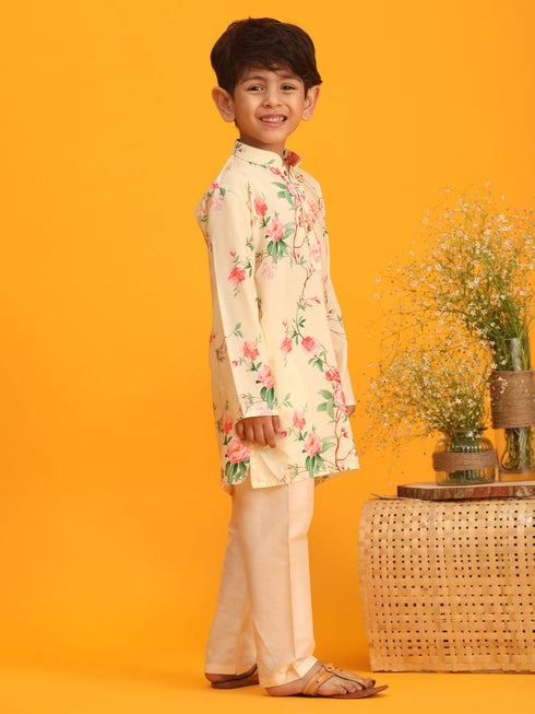 Boy's Yellow Floral Printed Kurta With Cream Solid Pyjama Set