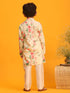 Boy's Yellow Floral Printed Kurta With Cream Solid Pyjama Set
