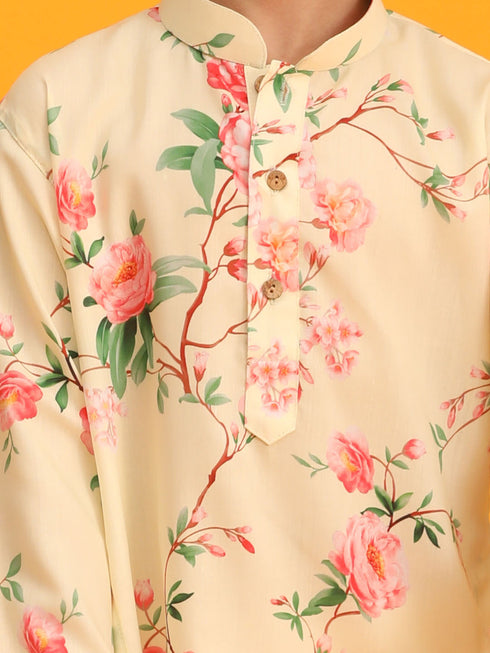 Boy's Yellow Floral Printed Kurta With Cream Solid Pyjama Set