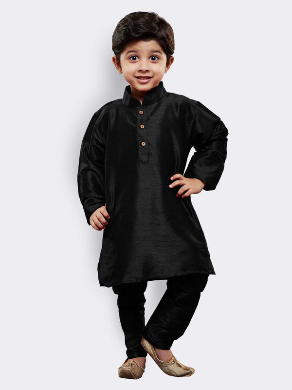 Boys' Black Cotton Silk Kurta and Pyjama Set