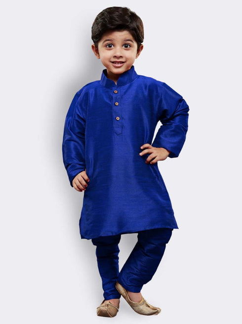 Boys' Blue Cotton Silk Kurta and Pyjama Set