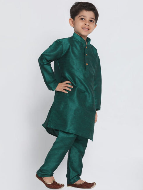 Boys' Green Cotton Silk Blend Kurta and Pyjama Set