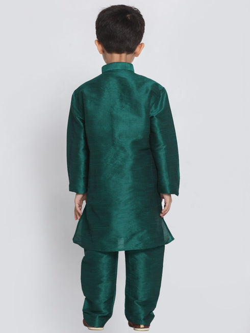 Boys' Green Cotton Silk Blend Kurta and Pyjama Set