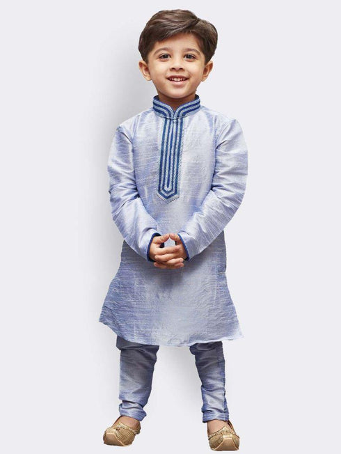 Boys' Light Blue Cotton Silk Kurta and Pyjama Set