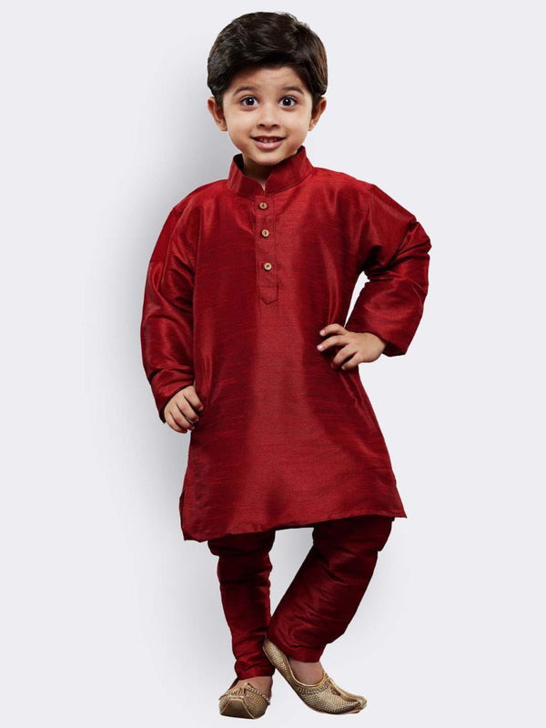 Boys' Maroon Cotton Silk Kurta and Pyjama Set