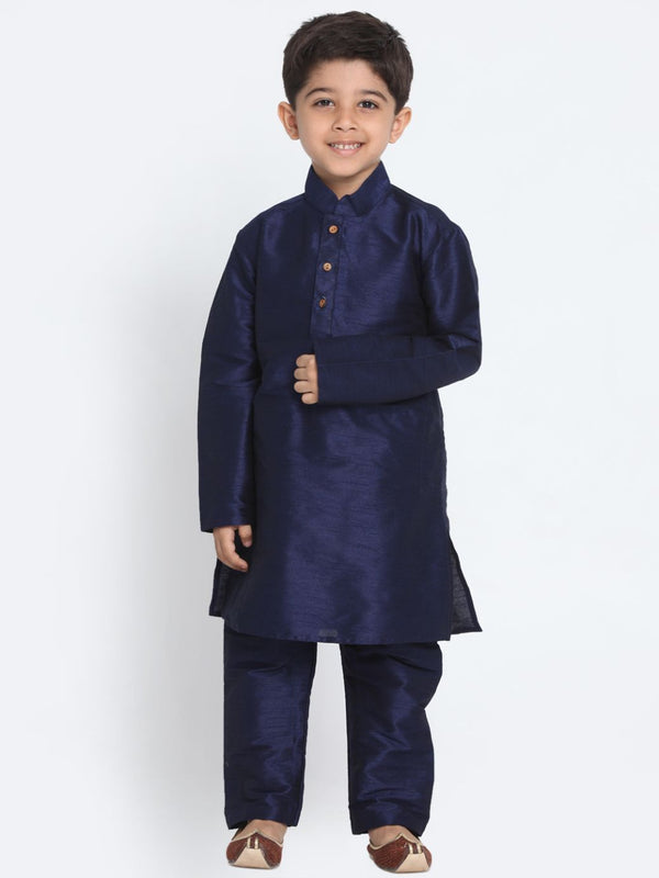 Boys' Deep Blue Cotton Silk Blend Kurta and Pyjama Set