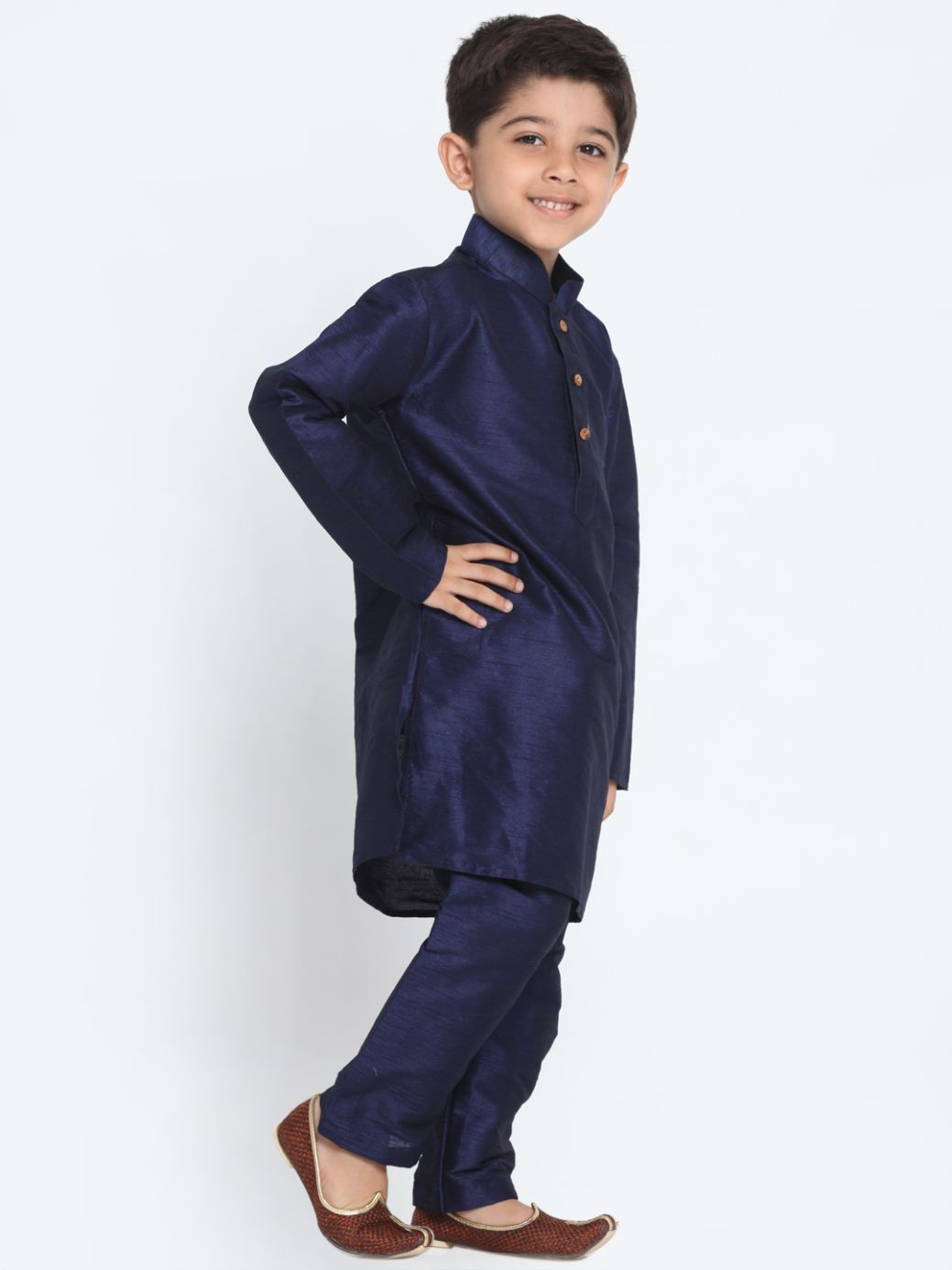 Boys' Deep Blue Cotton Silk Blend Kurta and Pyjama Set