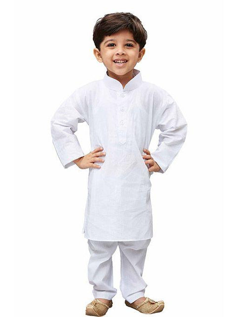 Boys' White Cotton Kurta, Pyjama & Dupatta Set
