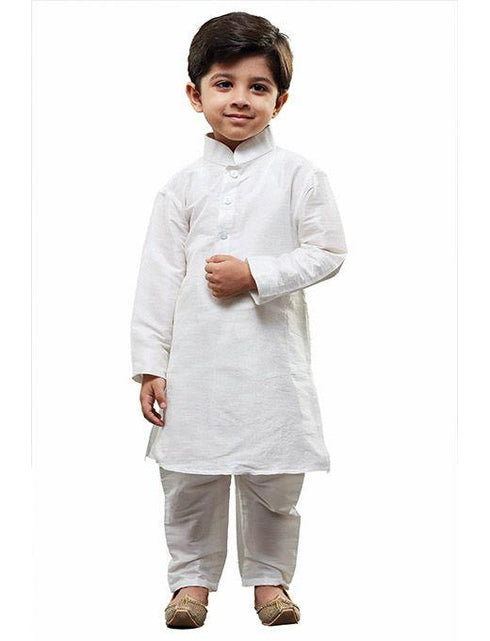 Boys' White Cotton Silk Kurta and Pyjama Set