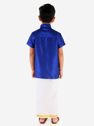 VASTRAMAY Boys' Blue Silk Short Sleeves Ethnic Shirt Mundu Vesty Style Dhoti Pant Set