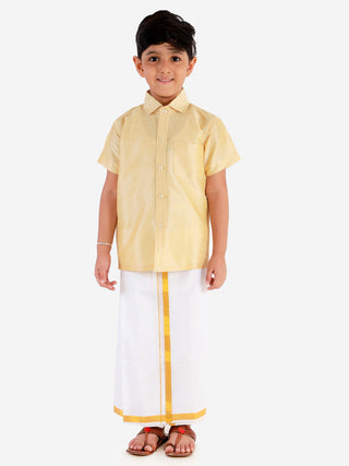 VASTRAMAY Boys' Gold Silk Short Sleeves Ethnic Shirt Mundu Vesty Style Dhoti Pant Set