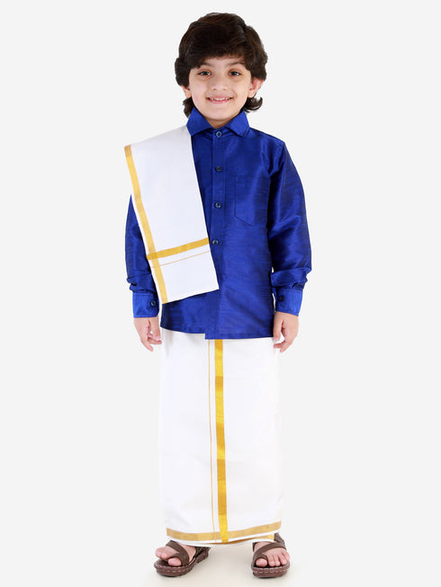Boys' Blue Silk Long Sleeves Ethnic Shirt