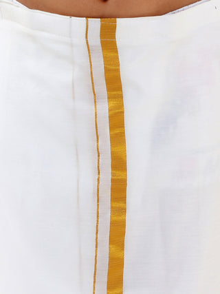 VASTRAMAY Boys' Gold Silk Long Sleeves Ethnic Shirt Mundu Vesty Style Dhoti Pant Set