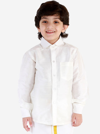 VASTRAMAY Boys' White Silk Long Sleeves Ethnic Shirt