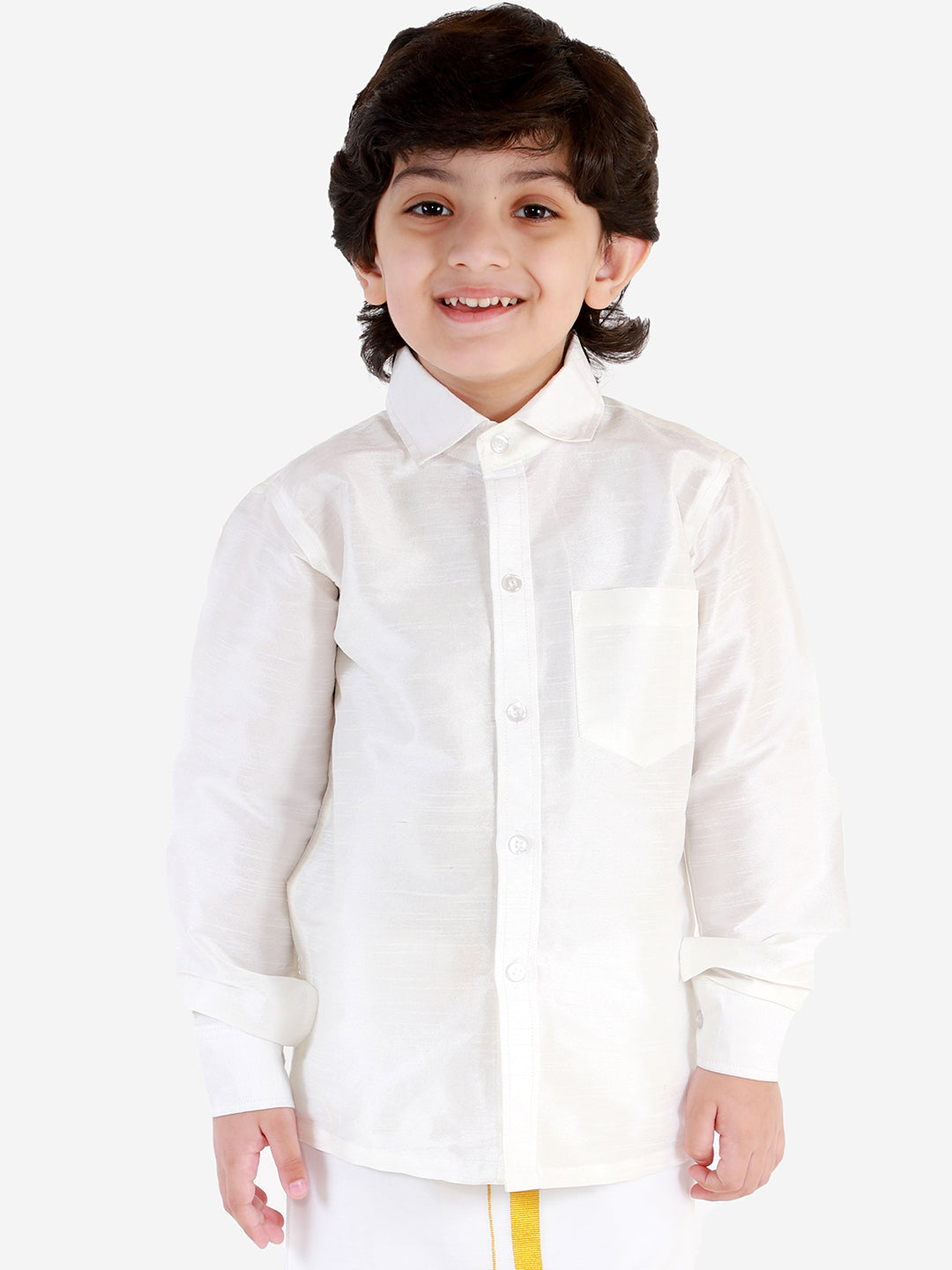 Boys' White Silk Long Sleeves Ethnic Shirt