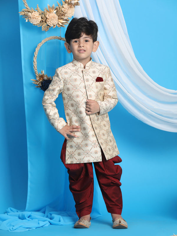 Boy's Gold And Maroon Sherwani Set