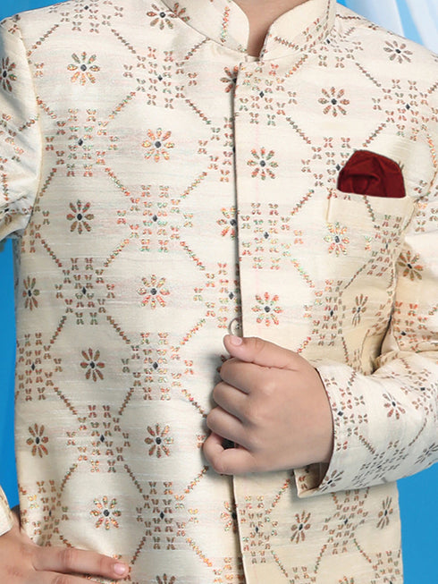 Boy's Gold And Maroon Sherwani Set