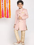 Boy's Pink & Gold-Colored Woven-Design Brocade Slim Fit Sherwani Set