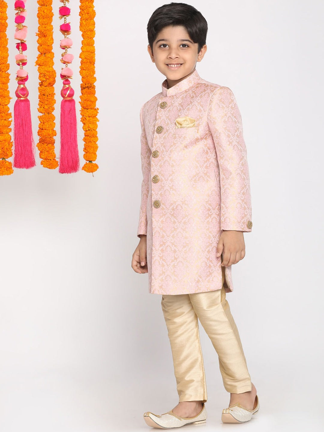 Boy's Pink & Gold-Colored Woven-Design Brocade Slim Fit Sherwani Set