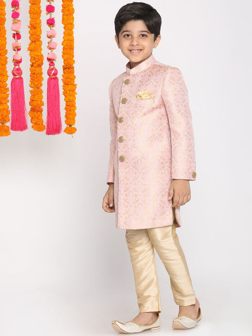 Boy's Pink & Gold-Colored Woven-Design Brocade Slim Fit Sherwani Set