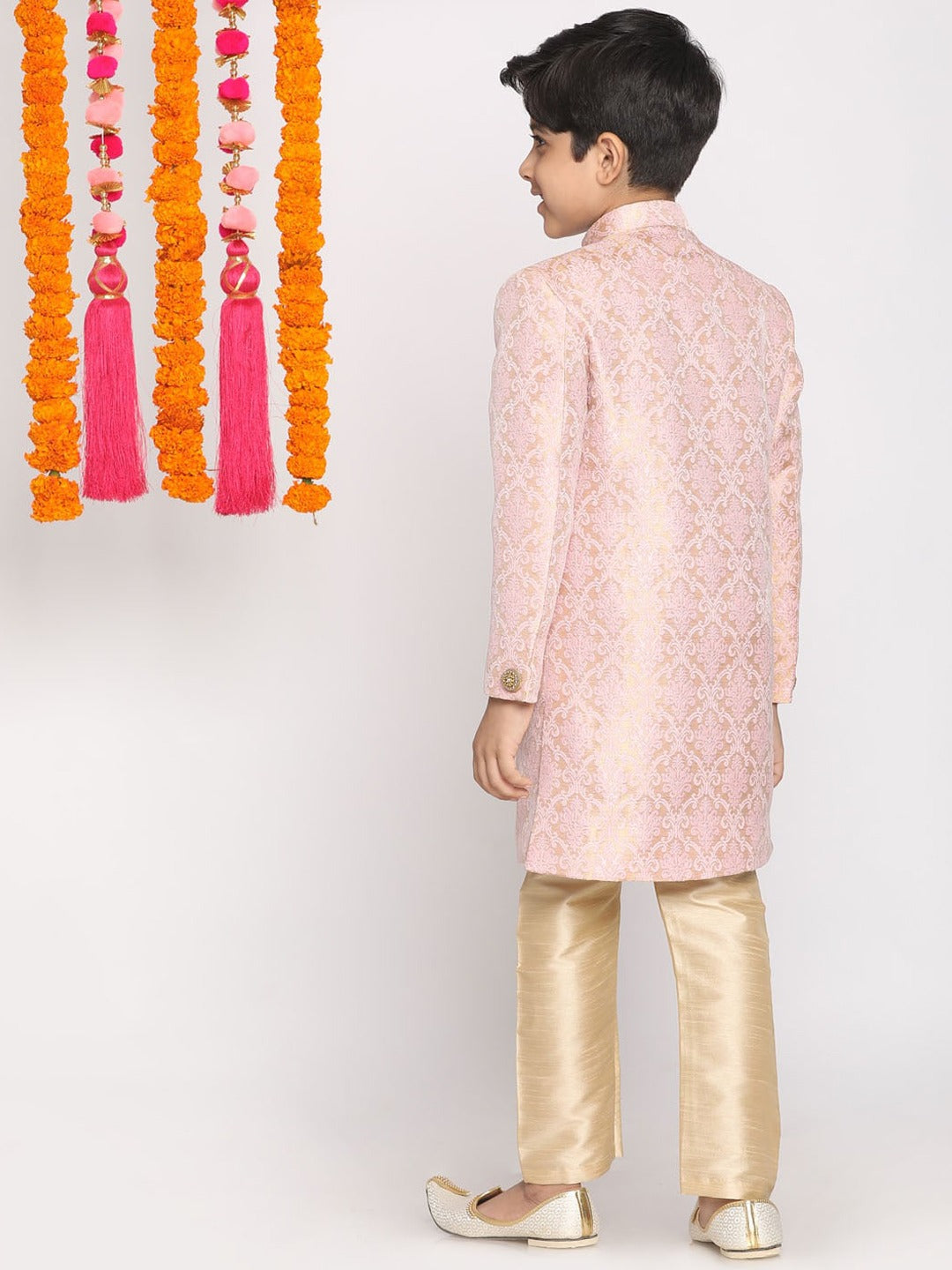 Boy's Pink & Gold-Colored Woven-Design Brocade Slim Fit Sherwani Set
