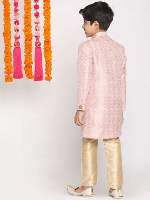 Boy's Pink & Gold-Colored Woven-Design Brocade Slim Fit Sherwani Set