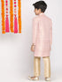 Boy's Pink & Gold-Colored Woven-Design Brocade Slim Fit Sherwani Set
