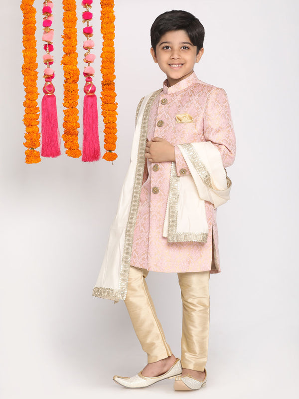 Boy's Pink & Gold-Colored Woven-Design Brocade Slim Fit Sherwani Set With Cream Colour Dupatta