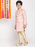 Boy's Pink & Gold-Colored Woven-Design Brocade Slim Fit Sherwani Set With Cream Colour Dupatta