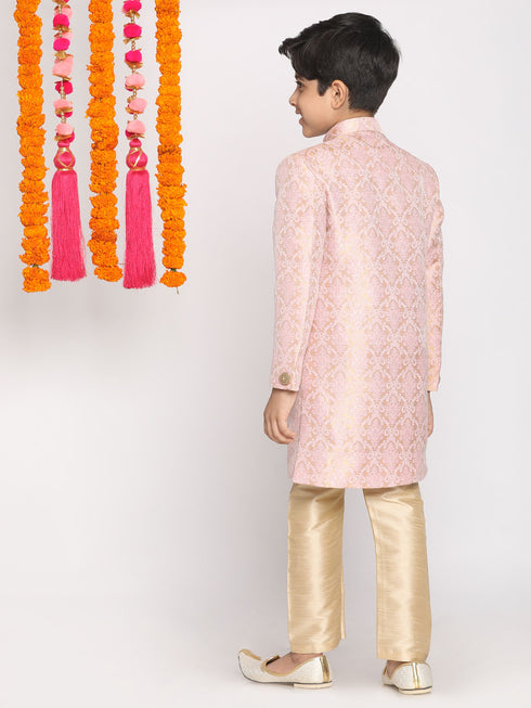 Boy's Pink & Gold-Colored Woven-Design Brocade Slim Fit Sherwani Set With Cream Colour Dupatta