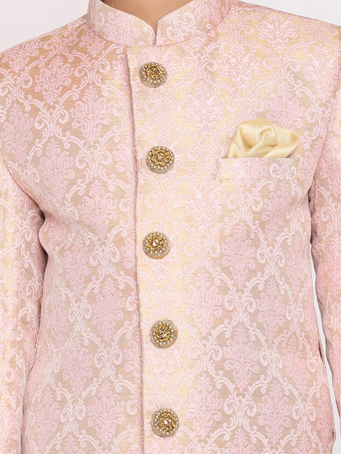 Boy's Pink & Gold-Colored Woven-Design Brocade Slim Fit Sherwani Set With Cream Colour Dupatta