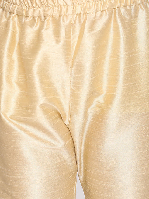 Boy's Pink & Gold-Colored Woven-Design Brocade Slim Fit Sherwani Set With Cream Colour Dupatta