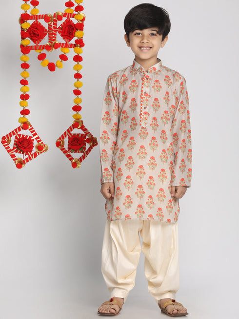 Boy's' Multicolor-Base-Beige And Cream Kurta Patiala Set