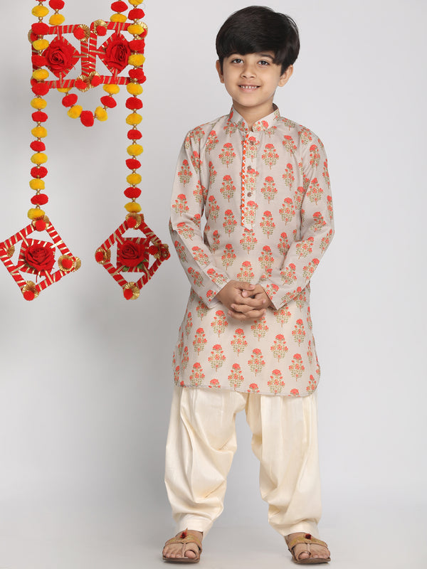 Boy's' Multicolor-Base-Beige And Cream Kurta Patiala Set