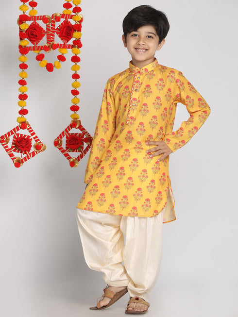 Boy's' Multicolor-Base-Mustard And Cream Kurta Patiala Set