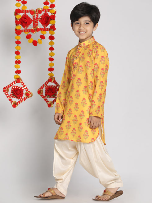 Boy's' Multicolor-Base-Mustard And Cream Kurta Patiala Set