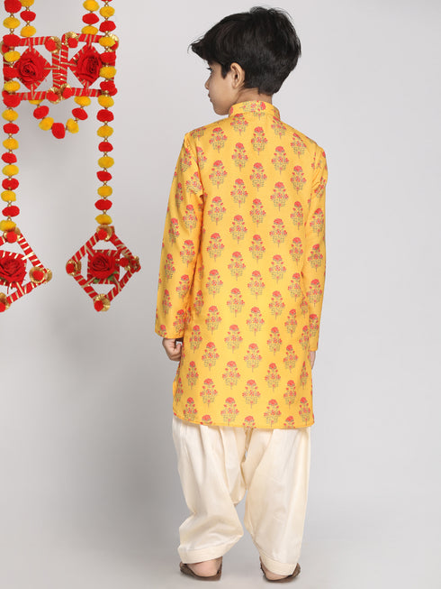 Boy's' Multicolor-Base-Mustard And Cream Kurta Patiala Set