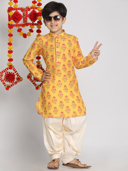 Boy's' Multicolor-Base-Mustard And Cream Kurta Patiala Set