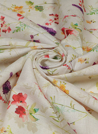 Floral printed Cream Cotton Linen Blend Fabric