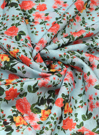 Floral printed Sky Blue and Peach Cotton Linen Blend Fabric