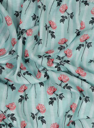 Floral printed Mint Green and Rose Pink Cotton Linen Blend Fabric