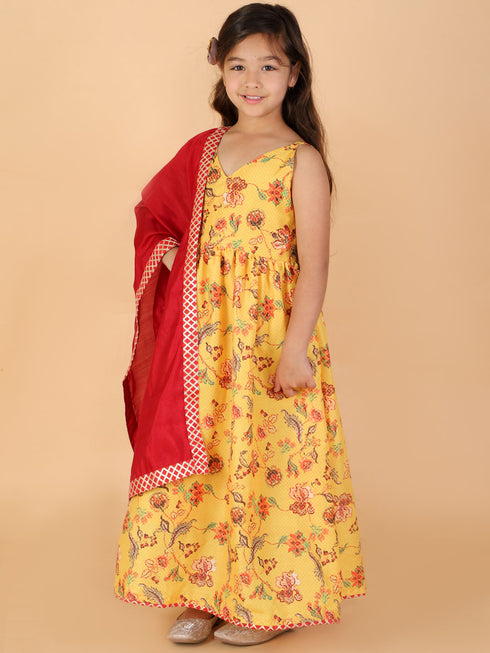 Girl's Yellow Floral Print Anarkali Kurta With Dupatta