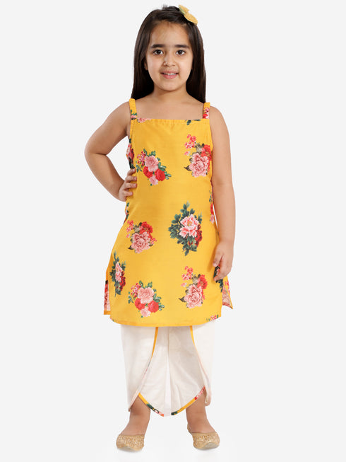 Girl's' Floral Printed Cotton Silk Kurta And Tulip Pants