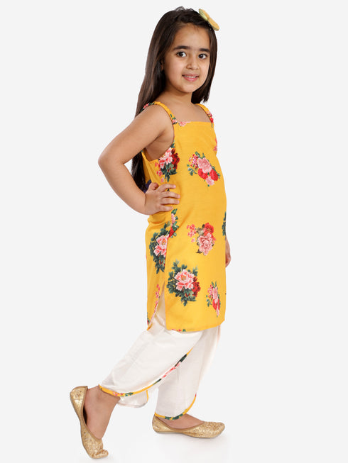 Girl's' Floral Printed Cotton Silk Kurta And Tulip Pants