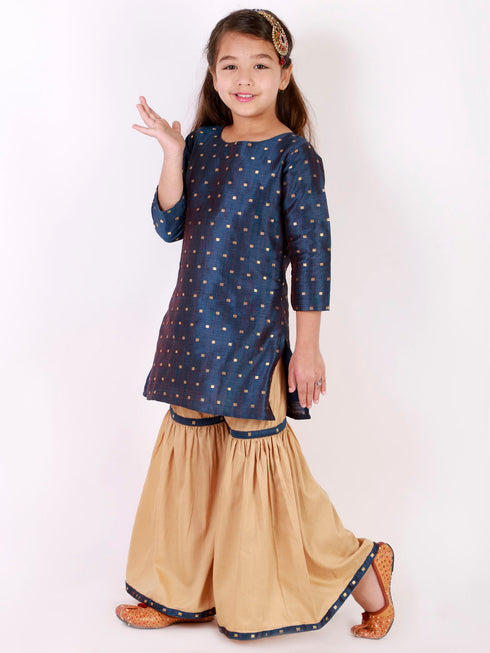 Girl's' Blue Zari Kurta And Rose Gold Sharara Set